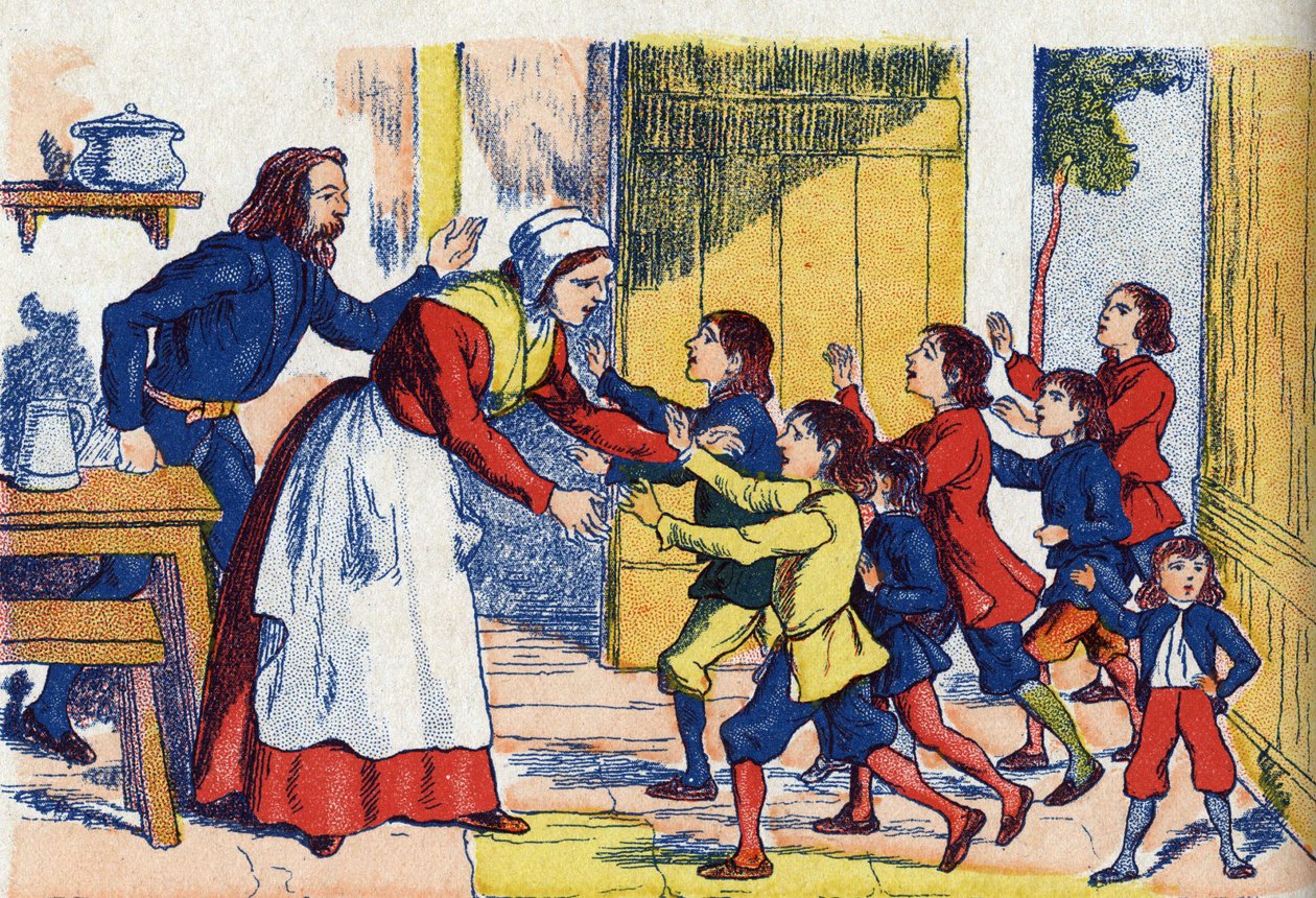 Powroty dzieci, ilustracja do „”Le Pepetit poucet””, opowieść Charlesa Perraulta (1628-1703), francuskiego pisarza. Anonimowa ilustracja. Zdjęcia Marcel Vagne, Jarville Nancy, bez daty (koniec XIX wieku). autorstwa Unknown artist