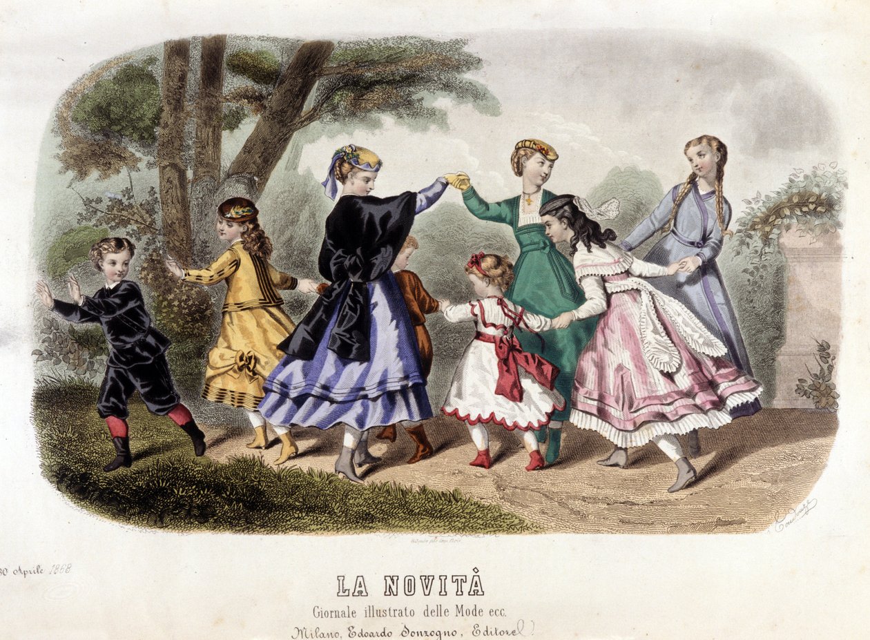 Gry dla dzieci: mieszczańskie dziewczynki robią rundę. Tabliczka zaczerpnięta z „”Dziennik ilustruje tryby””. autorstwa Unknown artist