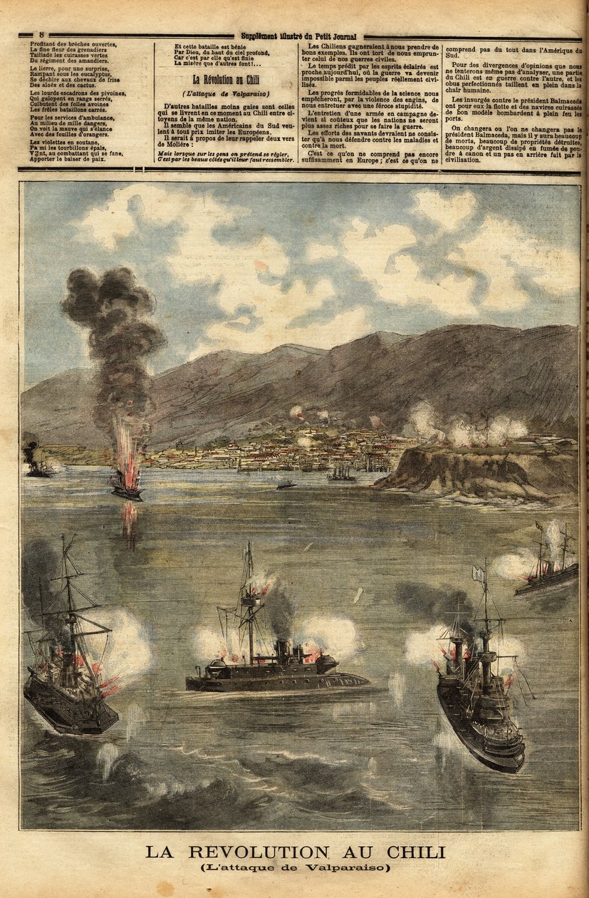 Chile, w środku wojny domowej, wkrótce po odzyskaniu niepodległości, pancerniki powstańców, zwane kongresmenami, bombardowały chilijskie porty, by walczyć z wpływami i polityką prezydenta Jose Manuela Balmacedy (1840-1891). Grawerowanie w „” Le petit autorstwa Unknown artist