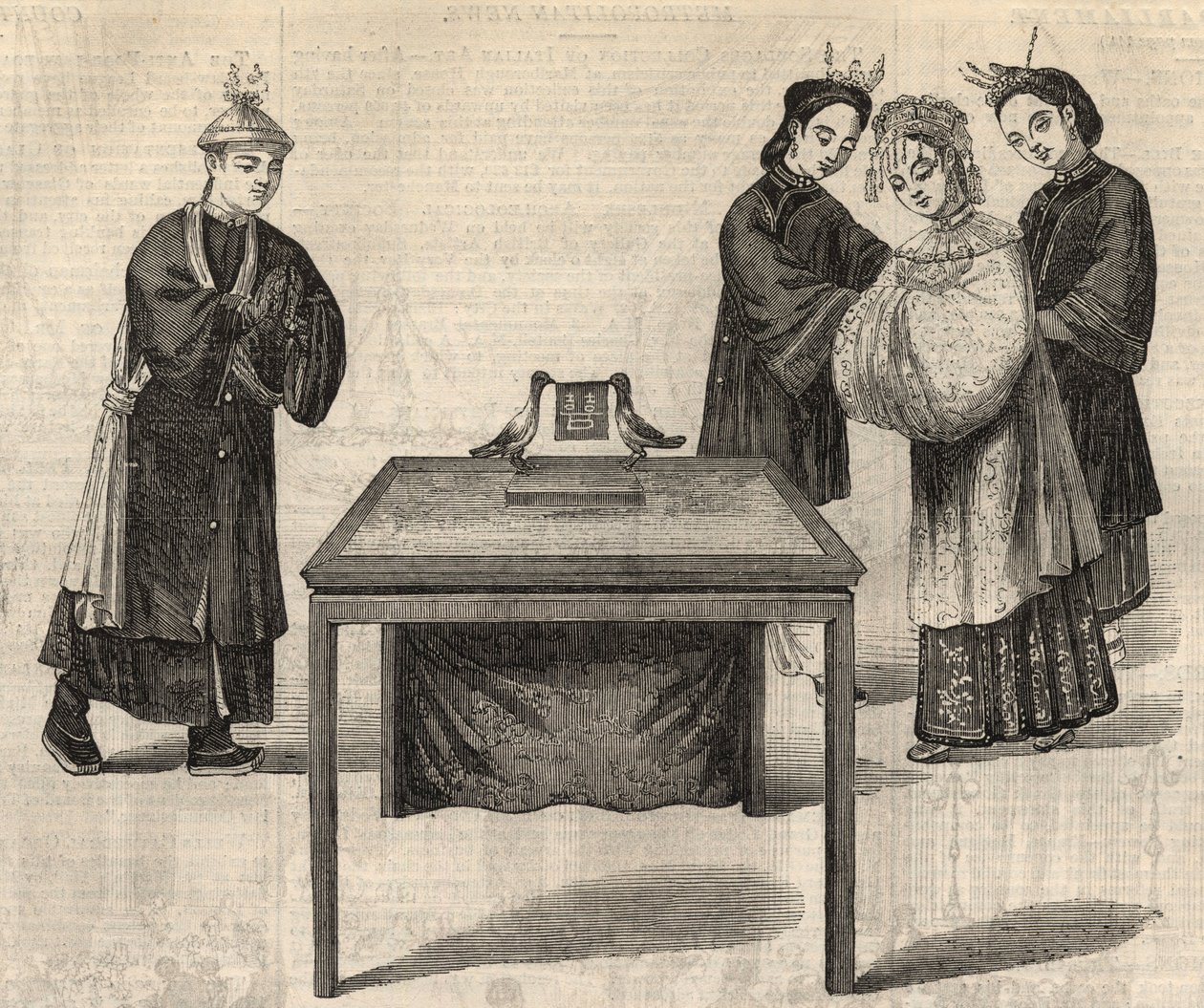 Chiński zwyczaj: podpisanie kontraktu małżeńskiego. Tabliczka z imionami małżonków leży na stole z dwoma gołębiami. Grawerowanie w „The Illustrated London News”” z 14 lutego 1857 r. autorstwa Unknown artist