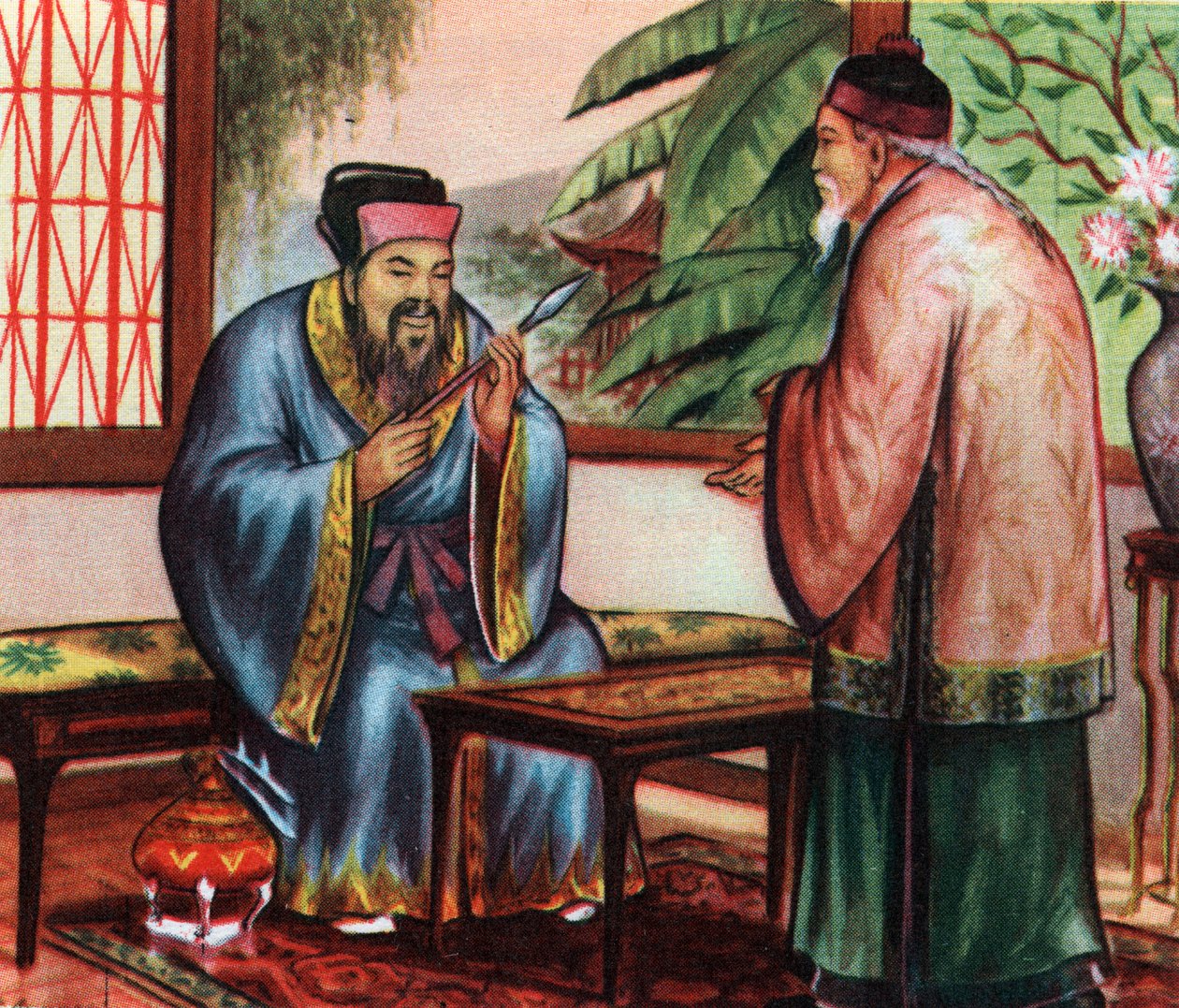 Chiński filozof Konfucjusz (lub Kong Fu Zi lub KongZi) (551-479 p.n.e.), konsultuje się w sprawie swojej wiedzy o starożytnych cywilizacjach - Konfucjusz (551-479 p.n.e.), chiński filozof, konsultuje się w sprawie swojej wiedzy o starożytnych cywilizacjach autorstwa Unknown Artist