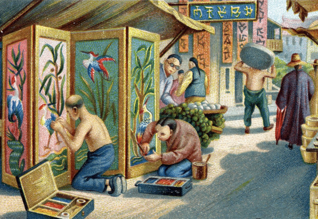 Pracujący na ulicy chińscy plomażyści: robią panele lub ekrany za pomocą igły i piór. Chromolitografia XIX wieku autorstwa Unknown artist