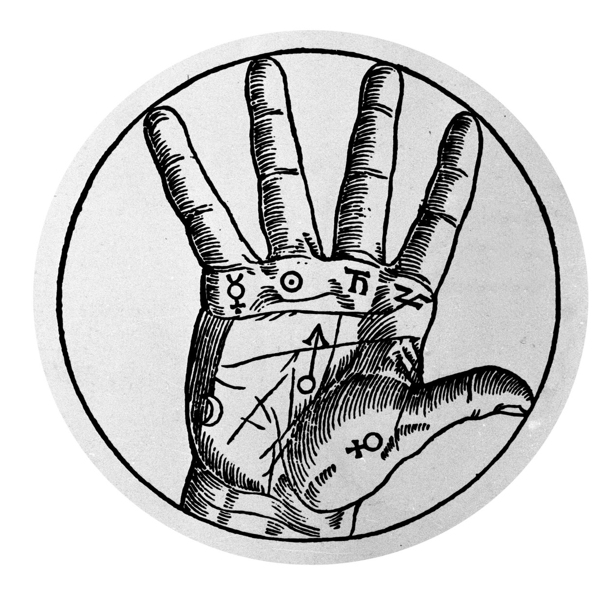 Chiromancja i przewidywania wróżbiarskie: przedstawienie różnych linii ręki umożliwiające interpretację osobowości. Rycina z XVII wieku autorstwa Unknown artist