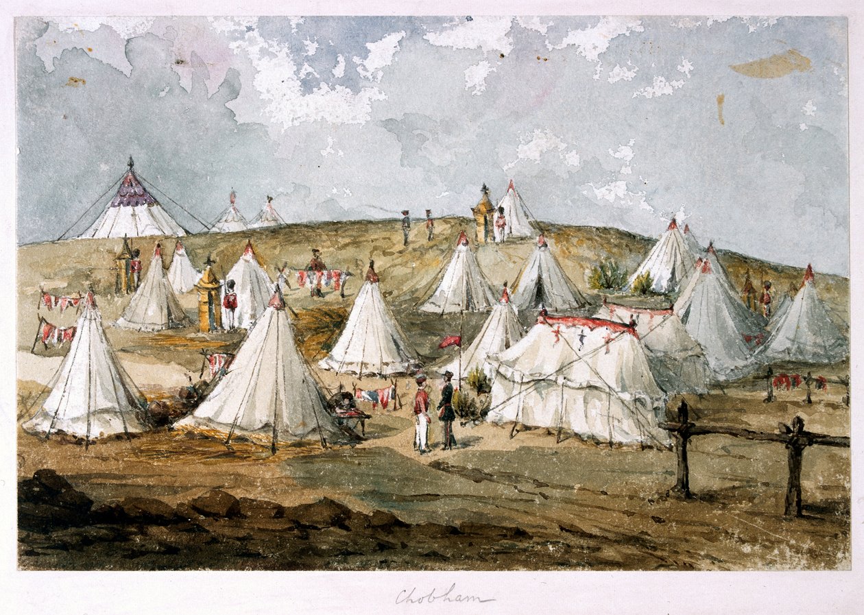 „Chobham, pułkownik Hodges”, namiot Obóz Strażników Grenadierów. Namiot królowej na wzgórzu” (akwarela) autorstwa Unknown artist
