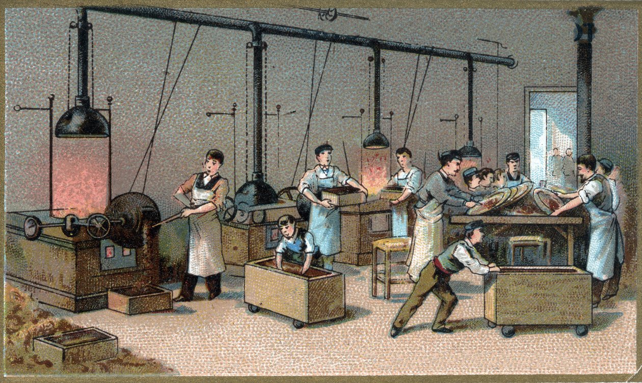 Produkcja czekolady. Pokój do torowania kakao. Chromolitografia z końca XIX wieku autorstwa Unknown artist