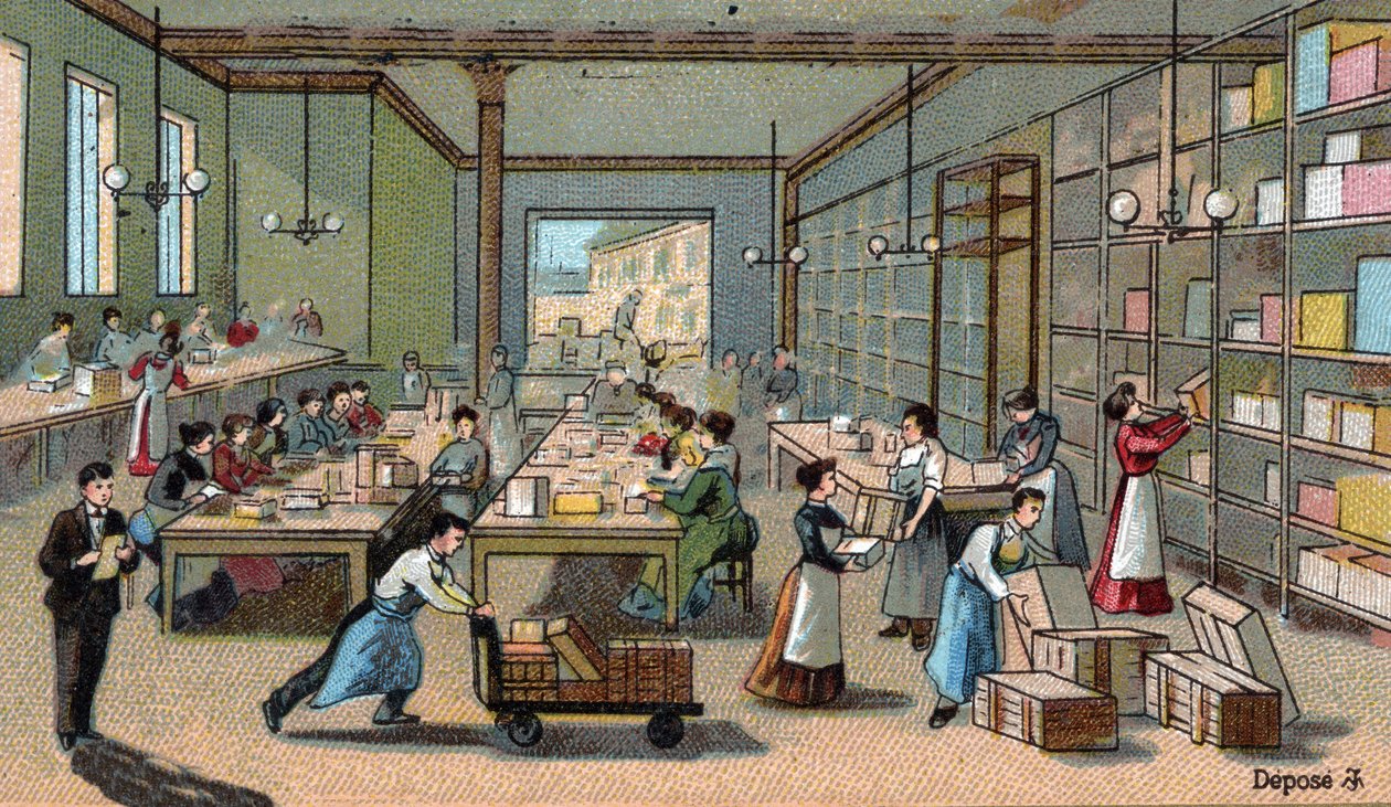 Produkcja czekolady: pakowanie, wysyłka. Chromolitografia z końca XIX wieku autorstwa Unknown artist