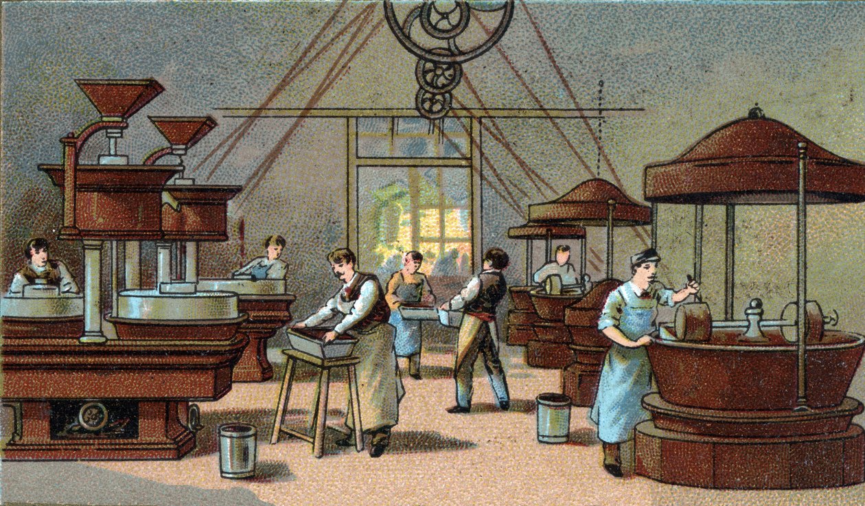 Produkcja czekolady, mieszalnia. Chromolitografia z końca XIX wieku autorstwa Unknown artist