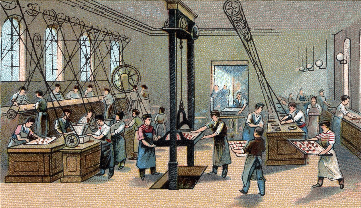 Produkcja czekolady: formowanie. Chromolitografia z końca XIX wieku autorstwa Unknown artist