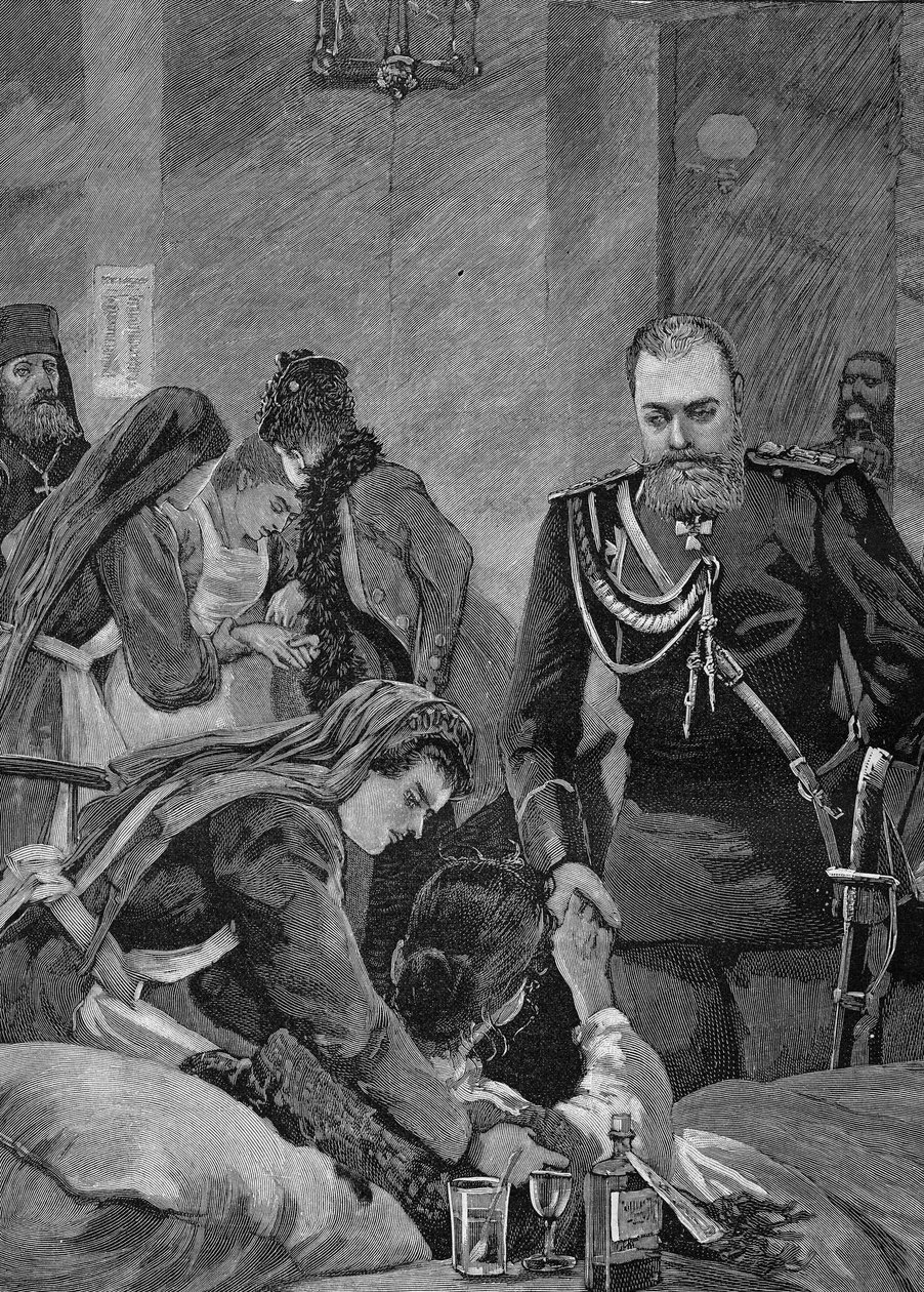 Cholera w Rosji w 1892 roku: Aleksander III, cesarz Rosji i jego żona Maria Fiodorowna, cesarz Rosji odwiedzają szpital. Grawerowanie z 1892 roku. autorstwa Unknown artist