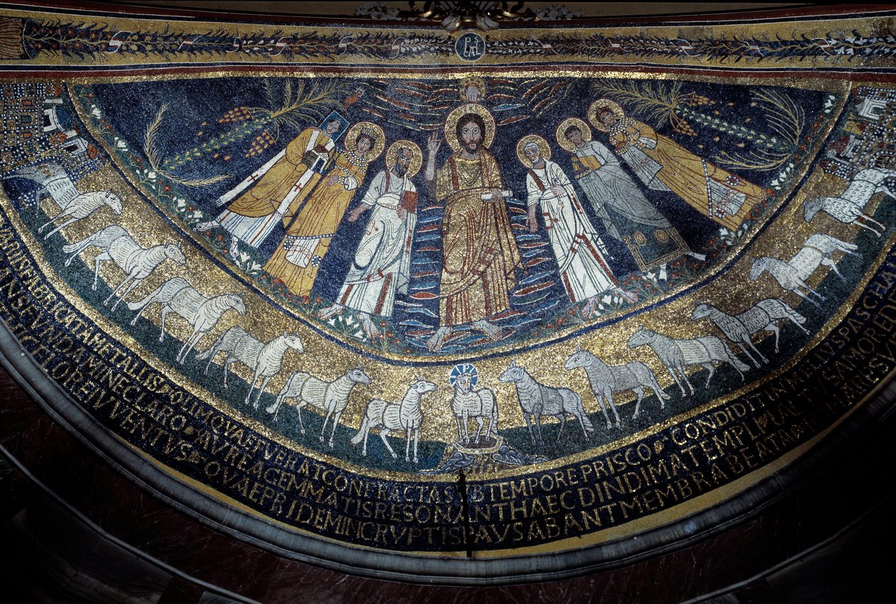 Chrystus wśród św. Pawła, św. Cecylii, św. Pascala, św. Piotra, św. Waleriana i św. Agaty (mozaika, 821) autorstwa Unknown artist
