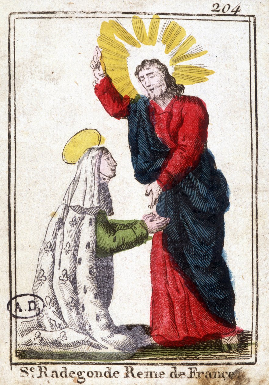 Chrystus i św. Radegonda (ok. 520 - 587), królowa Francji, żona Clotaire (Clothaire) I. Obraz pobożny. Rycina z początku XIX wieku. Bibliotheque des Arts Décoratifs de Paris. autorstwa Unknown artist