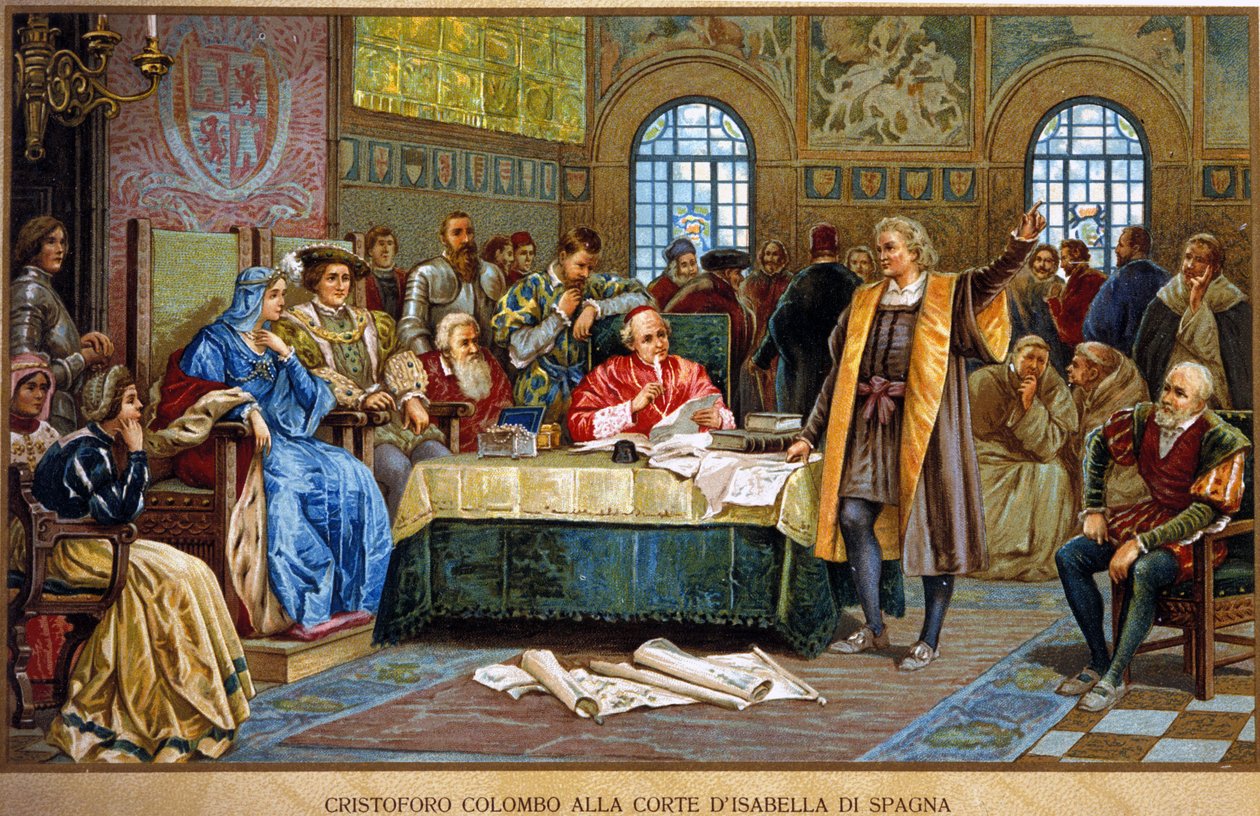 Krzysztof Kolumb na dworze Izabeli I Hiszpanii, zwany katolikiem lub Kastylią. chromolitografia z XIX wieku. autorstwa Unknown artist
