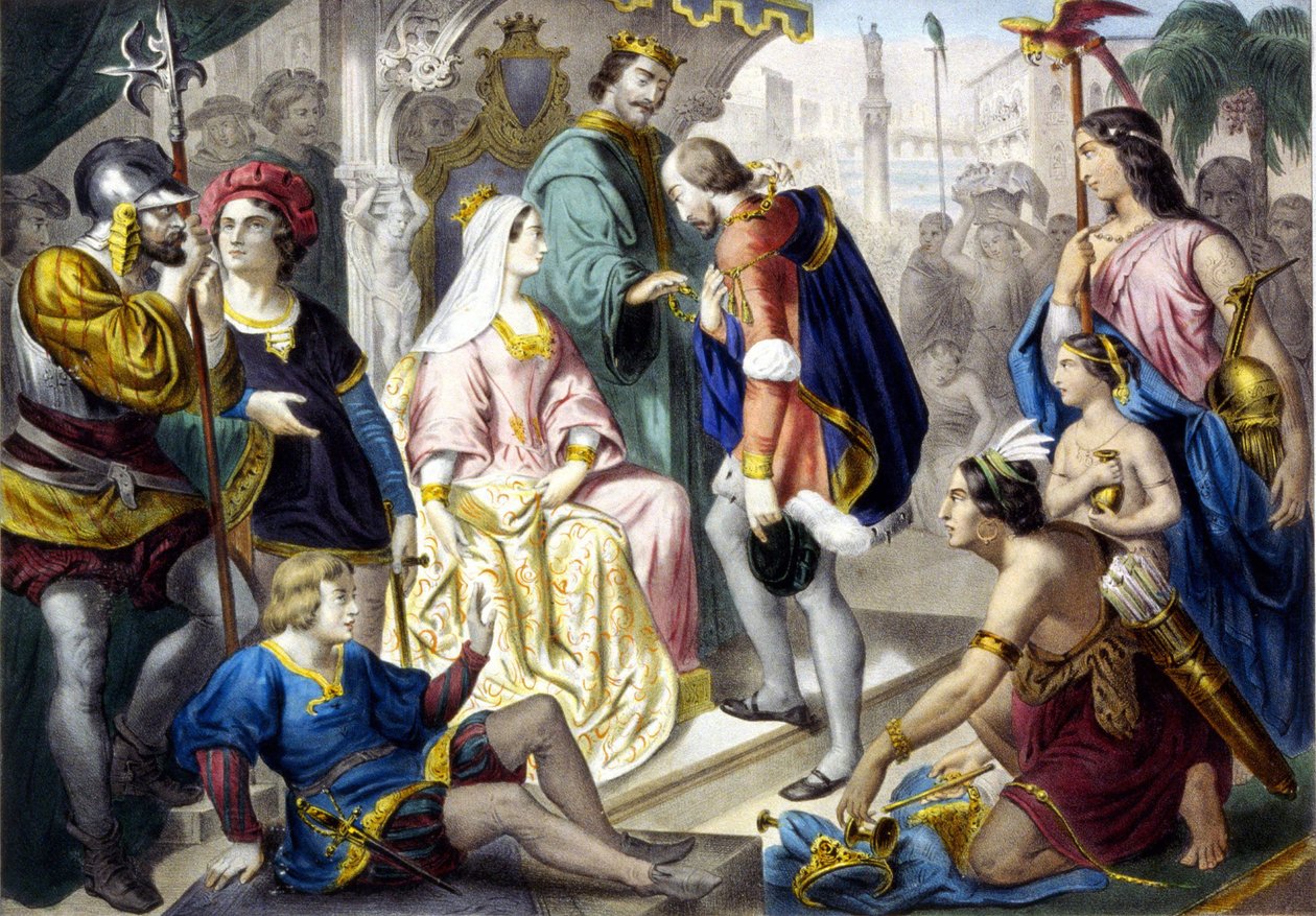 Krzysztof Kolumb przed katolickim królem Ferdynandem II Aragońskim i królową Izabelą I Kastylii, po powrocie z Ameryki autorstwa Unknown artist