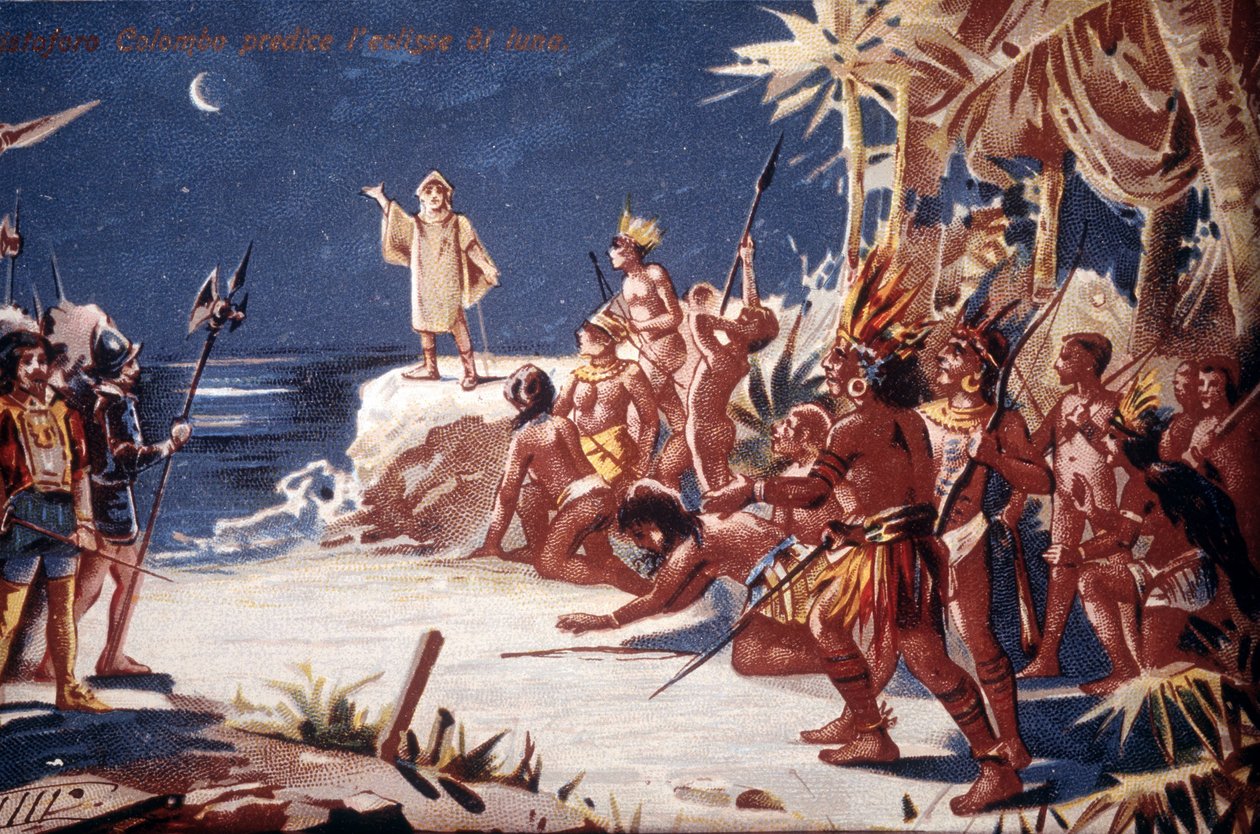 Krzysztof Kolumb przepowiada Indianom zaćmienie księżyca. XIX-wieczna chromolitografia. autorstwa Unknown artist