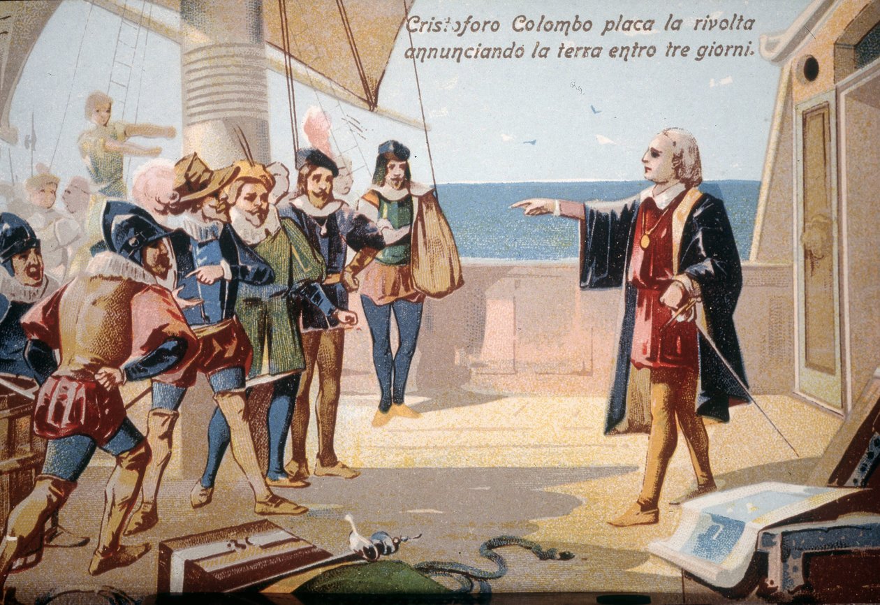 Krzysztof Kolumb powstrzymał bunt załogi, ogłaszając lądowanie w ciągu trzech dni. chromolitografia XIX wiek. autorstwa Unknown artist
