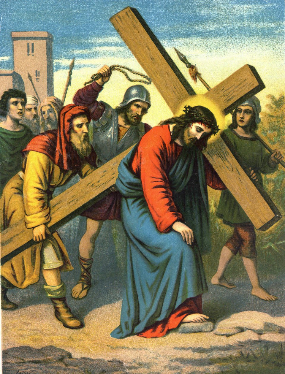 Chromolitografia z końca XIX w. przedstawiająca życie Chrystusa: Jezus niosący krzyż. autorstwa Unknown artist