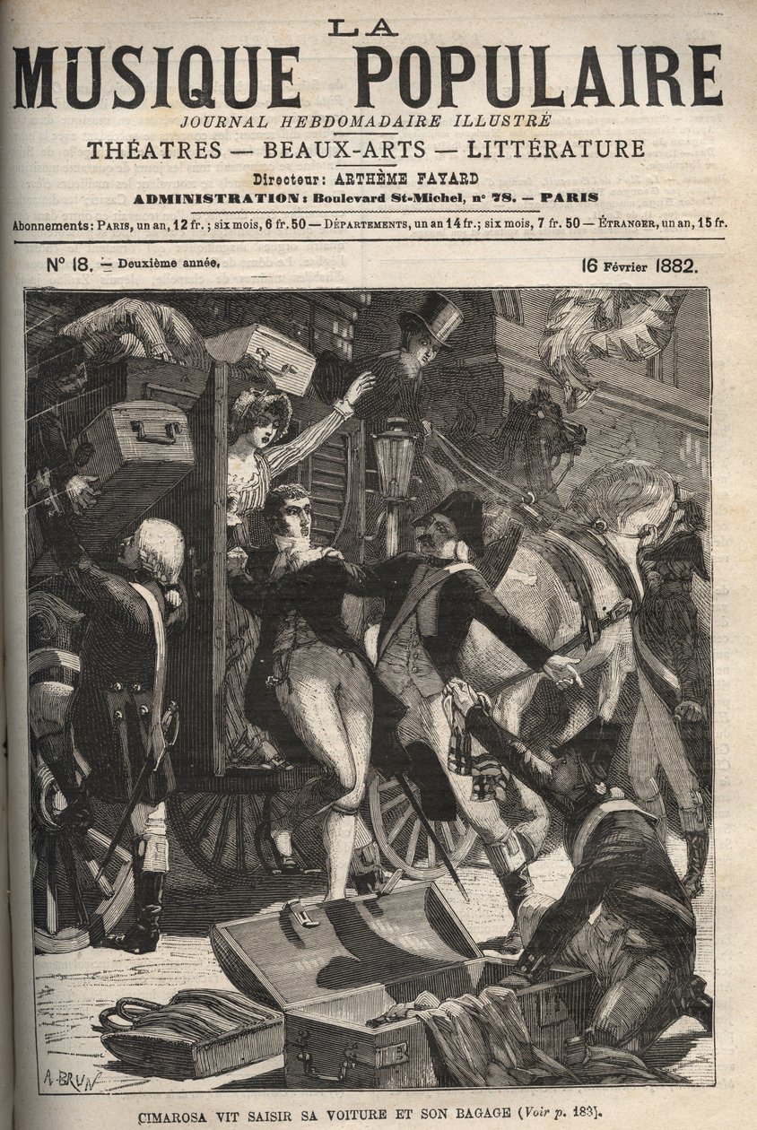 Cimarosa widzi, jak jego samochód i bagaż skonfiskowano Domenico Cimarosa (1749-1801), włoskiego kompozytora XVIII wieku. grawerunek w słynnym tygodniku „Muzyka popularna”” - 1882 r. autorstwa Unknown artist