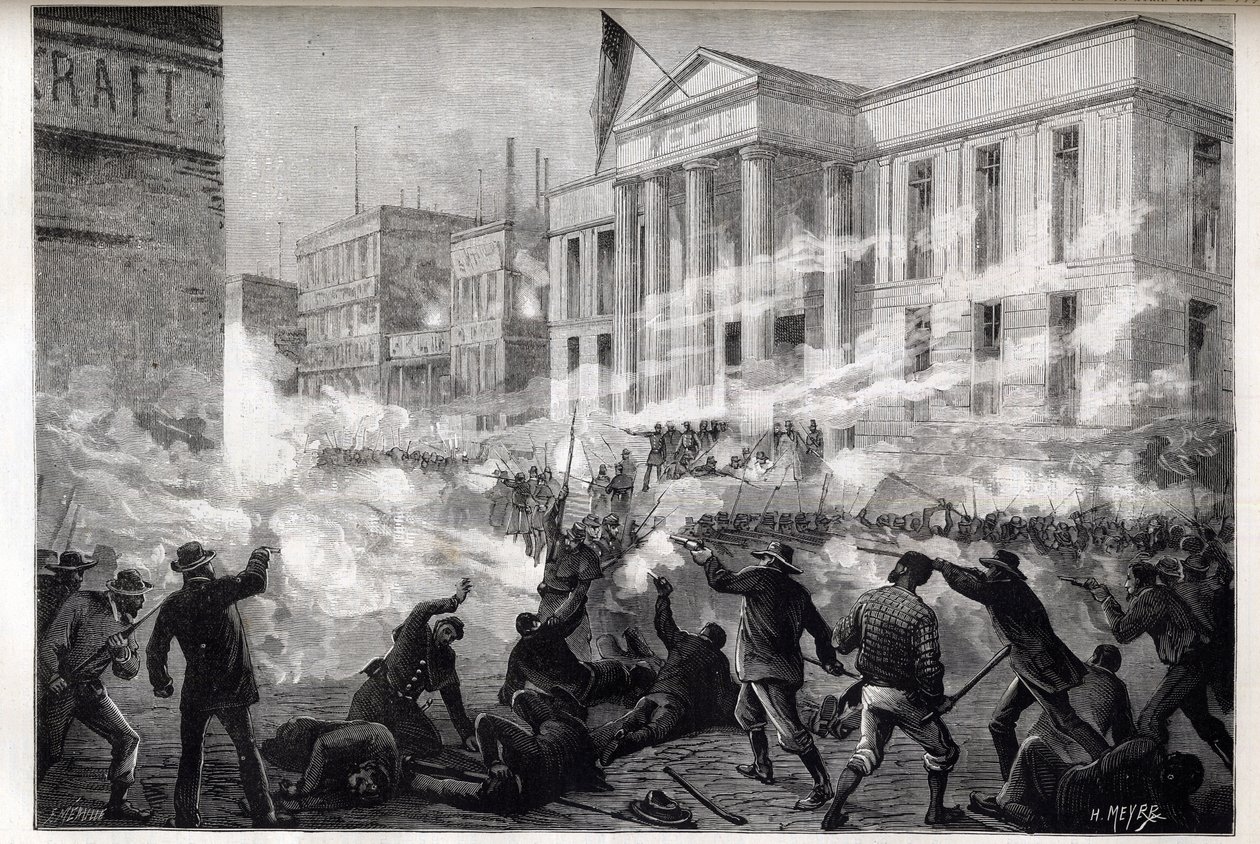 Zamieszki w sądzie w Cincinnati z 1884 r. – zamieszki rozpoczęły się po wyroku przysięgłych w sprawie zabójstwa po głośnym procesie o morderstwo, 28 marca 1884 r. – autorstwa Unknown artist