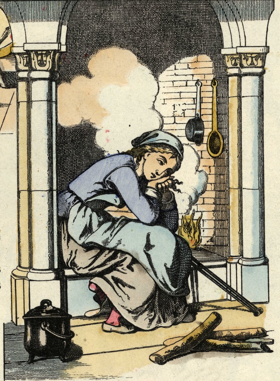 Kopciuszek marzy o lepszym życiu przy kuchennym kominku. Ilustracja do bajki Charlesa Perraulta „Kopciuszek lub La petite slipper de verre” autorstwa Unknown artist