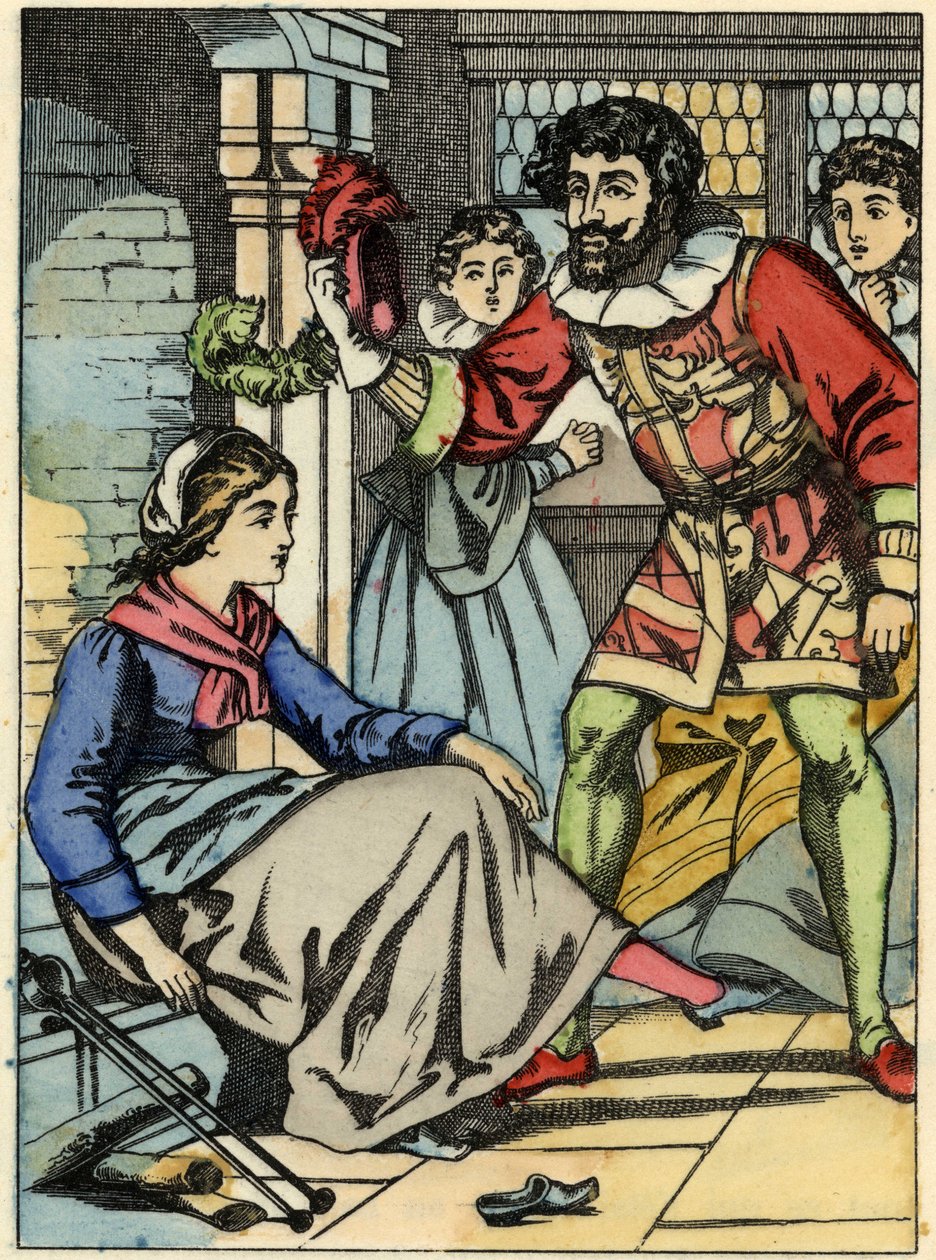 Kopciuszek próbuje szklanego buta znalezionego przez księcia. Ilustracja do bajki Charlesa Perraulta „Kopciuszek lub La petite slipper de verre” autorstwa Unknown artist