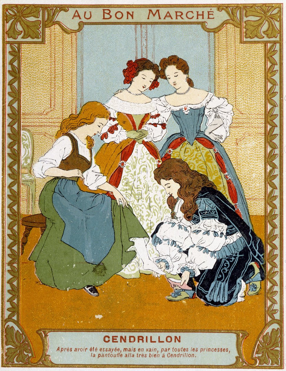 Kopciuszek próbuje pantofelka vair - etykieta reklamowa Bon Marché autorstwa Unknown artist
