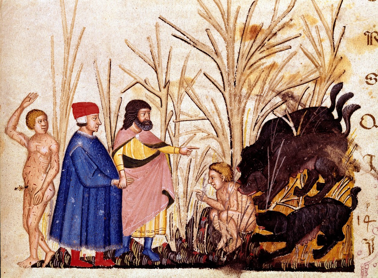 Krąg przemocy: Dante i Virgil spotykają agresywnych wobec innych. Podświetlana strona ilustrująca pieśń piekielną czerpie z „Divina Commedia” Dantego Alighieri (1265-1321). XIV wiek, Wenecja, Biblioteca Marciana autorstwa Unknown artist
