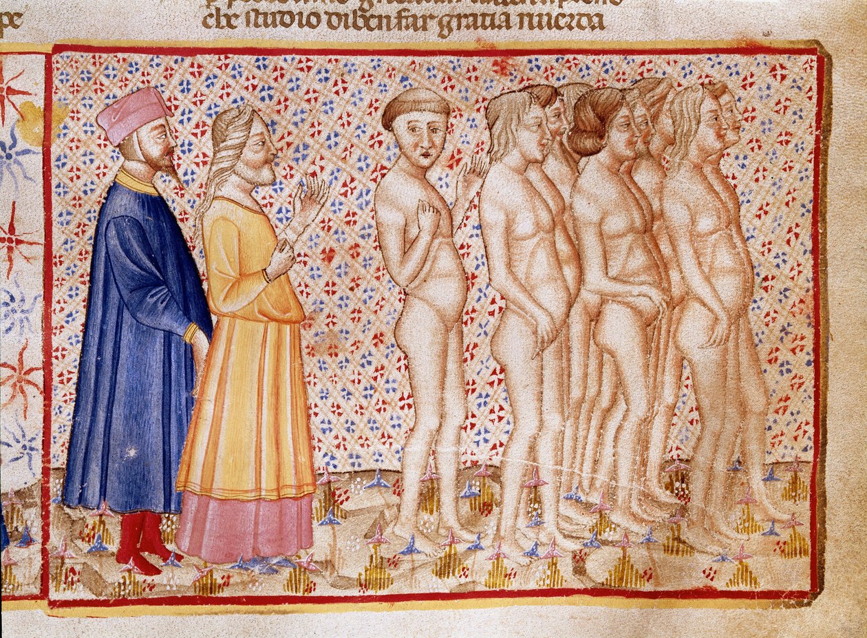 Krąg przemocy wobec Boga, natury i sztuki: Dante i Virgil spotykają bluźnierców. Podświetlana strona ilustrująca pieśń piekielną czerpie z „Divina Commedia” Dantego Alighieri (1265-1321). XIV wiek, Wenecja, Biblioteca Marciana autorstwa Unknown artist