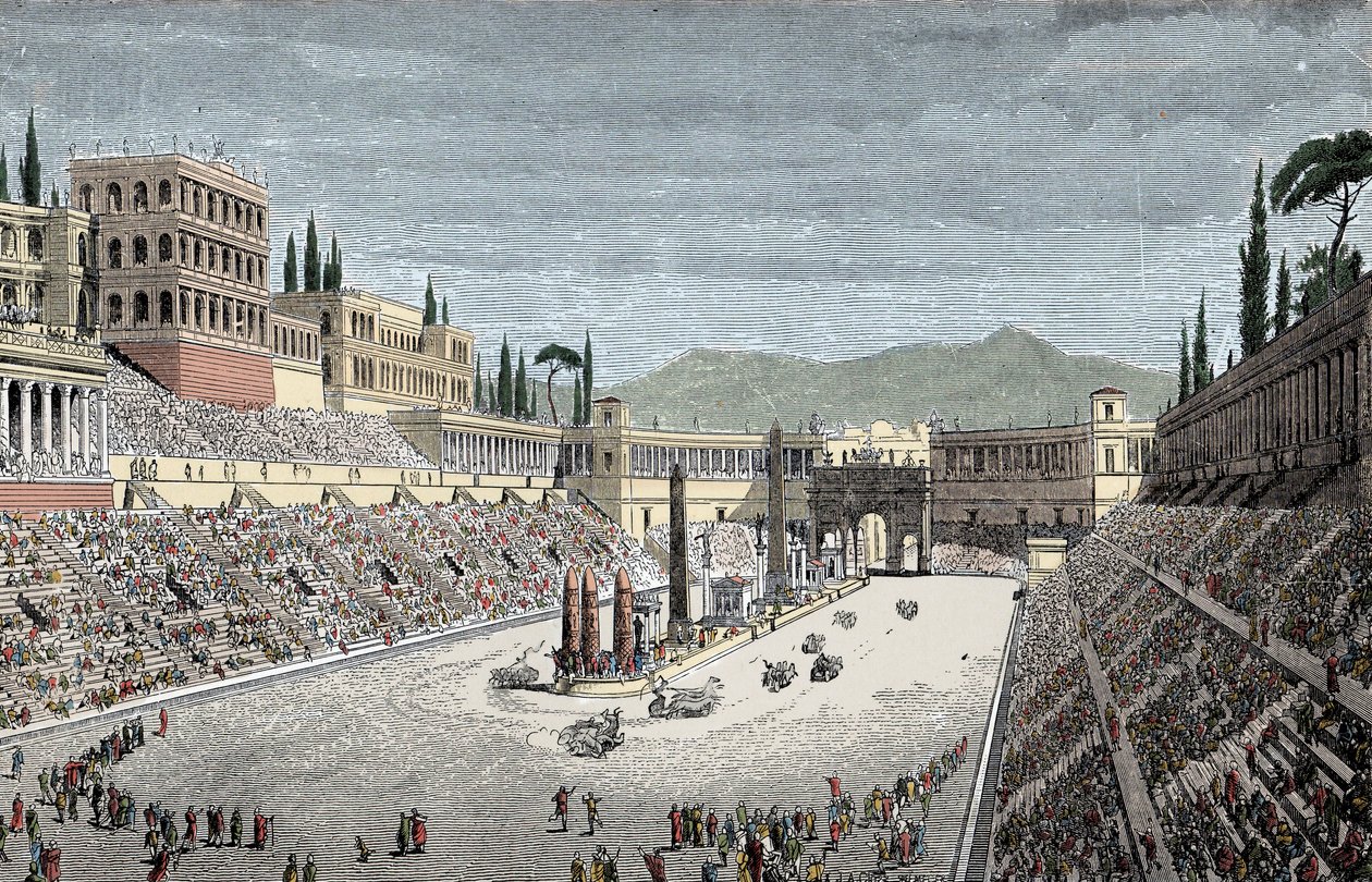 Circus Maximus - Wielki cyrk lub cyrk Maxime w Rzymie z wyścigiem rydwanów - Grawerowanie kolorami autorstwa Unknown artist
