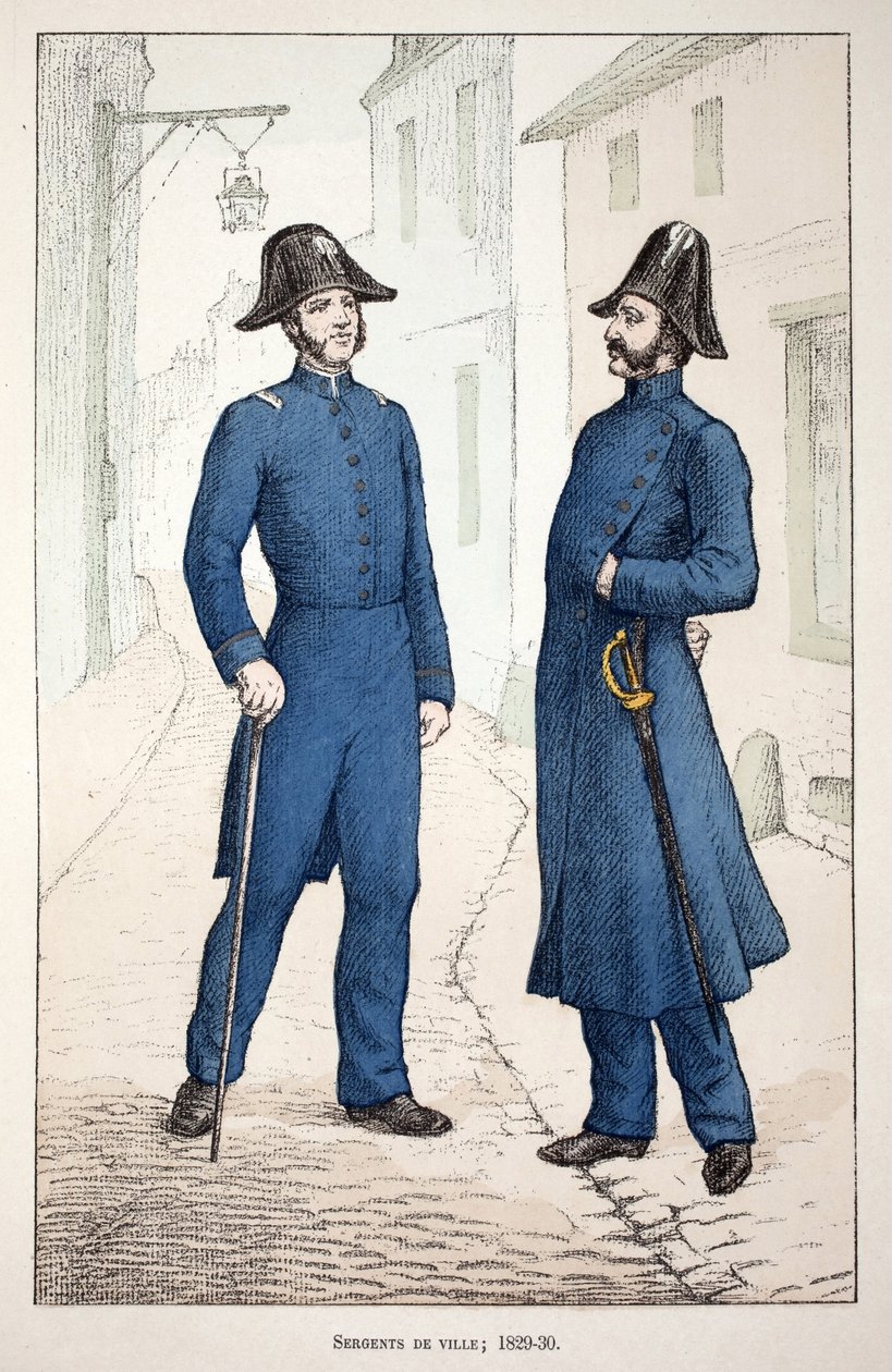 Sierżanci miejscy (1829-1830). Akwaforta w kolorach, dla ilustracji „Historia korpusu sił pokojowych””” książka wydana pod patronatem Louisa Lepine’a (1846-1933) prefekta policji nad Sekwaną, autorstwa Alfreda Reya (1864-?) i Louisa Ferona (1862) -?) autorstwa Unknown artist