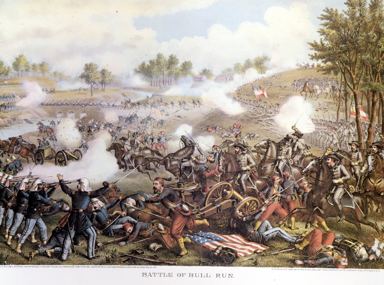 Wojna domowa (1861 - 1865), Wojna secesyjna 21.07.1861: Pierwsza bitwa pod Bull Run lub Pierwsza bitwa pod Manassas: Wirginia, Konfederaci dowodzeni przez generała Beauregarda pokonali nordyckie oddziały generała Mac Dowell. Rytownictwo. autorstwa Unknown artist