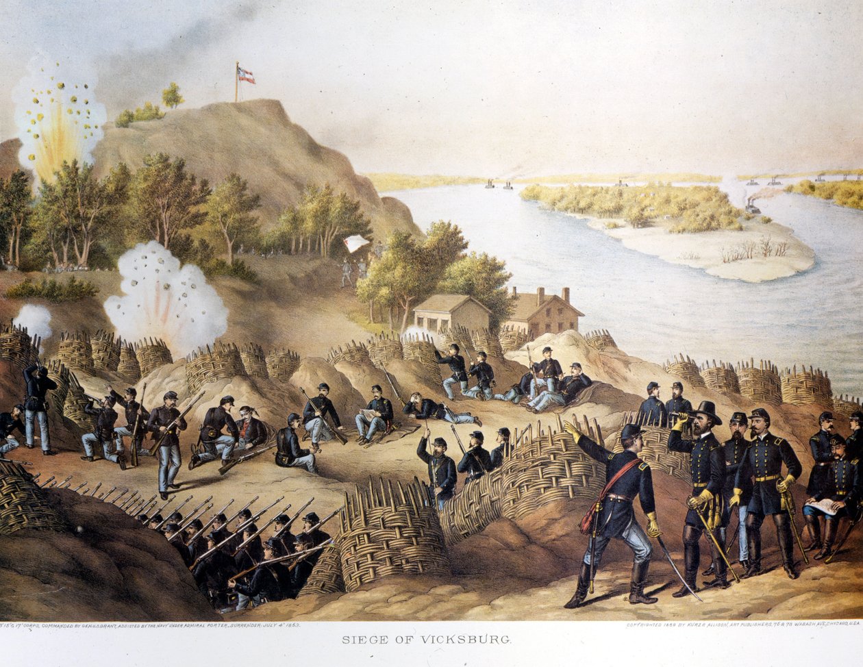 Wojna secesyjna (1861 - 1865), Wojna secesyjna. Oblężenie Vicksburga (na granicy Arkansas i Mississippi), miasto zostało zajęte przez generała Granta (i mieszkańców Północy), miasto upadło po czterdziestu dniach oblężenia (19 maja do 4 lipca autorstwa Unknown artist