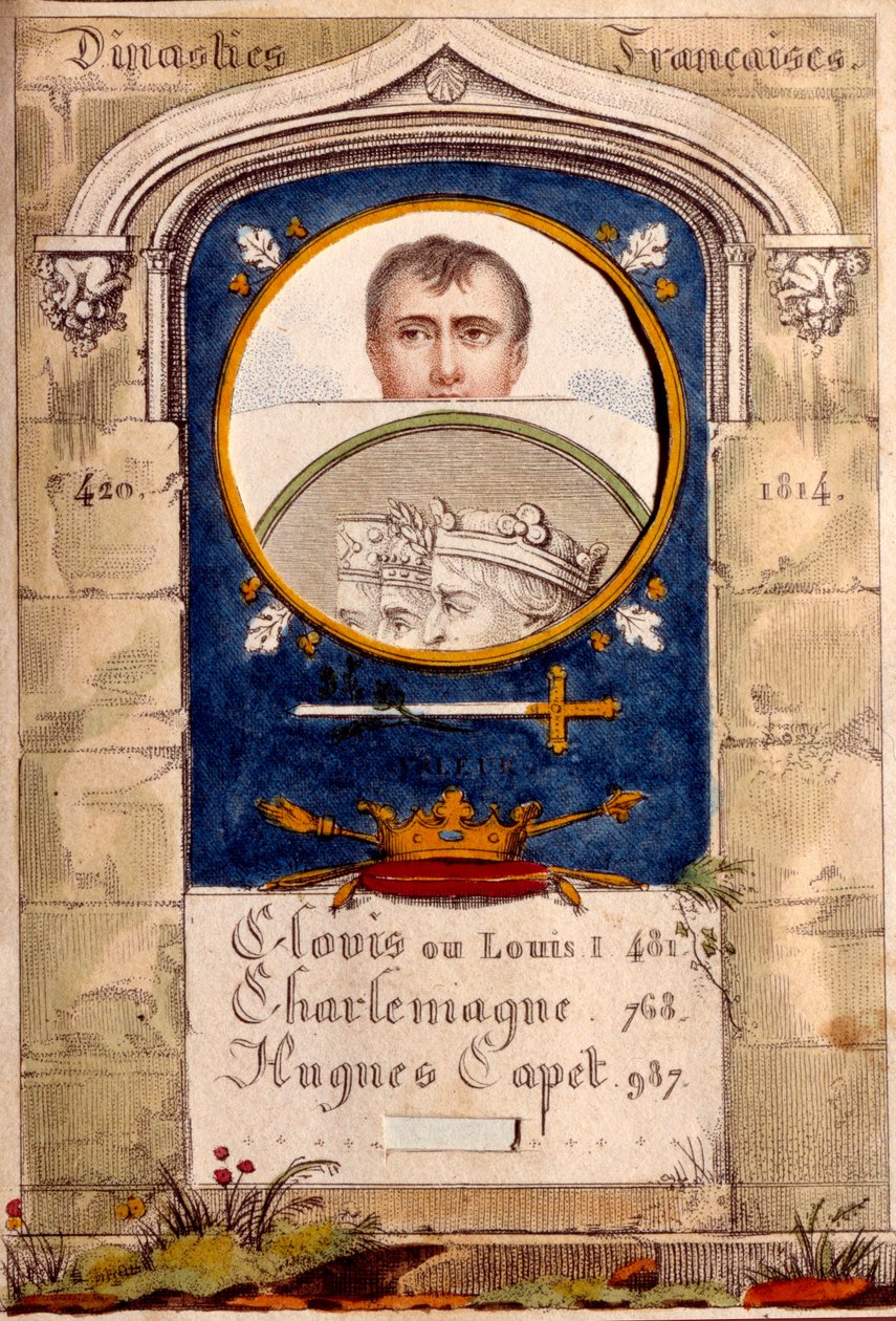 Potajemna propaganda przeciwko cesarzowi Napoleonowi I (1769-1821), jego portret jest przedstawiony powyżej portretu Chlodwiga, Karola Wielkiego i Huguesa Capeta. autorstwa Unknown artist