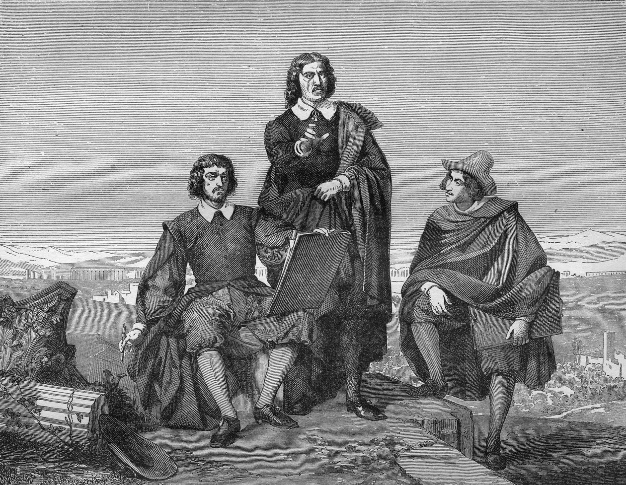 Claude Lorrain, Nicolas Poussin i Gaspard Dughet (Guaspre Poussin) w regionie rzymskim. Rycina XIX wieku. autorstwa Unknown artist