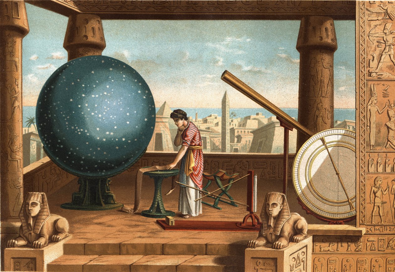 Claude Ptolemeusz (ok. 100 - ok. 170), grecki uczony i astronom, w Obserwatorium Aleksandryjskim (Egipt). Barcelona 1877. autorstwa Unknown artist