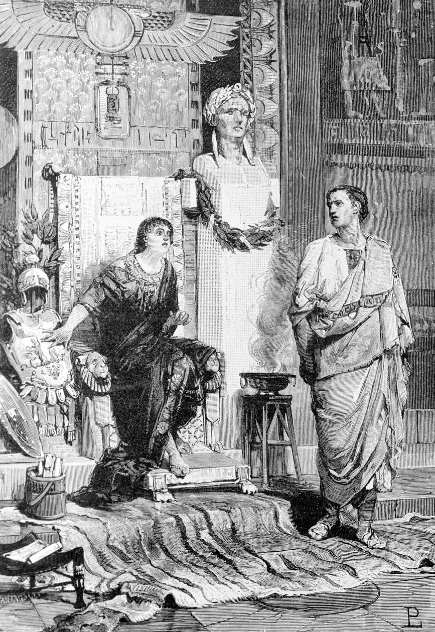 Kleopatra (69 pne - 30 pne), królowa Egiptu i Oktawa, przybyła z nią porozmawiać po klęsce Akcjum i śmierci Marka Antoniusza. Rycina XIX wieku. Historia Włoch. autorstwa Unknown artist