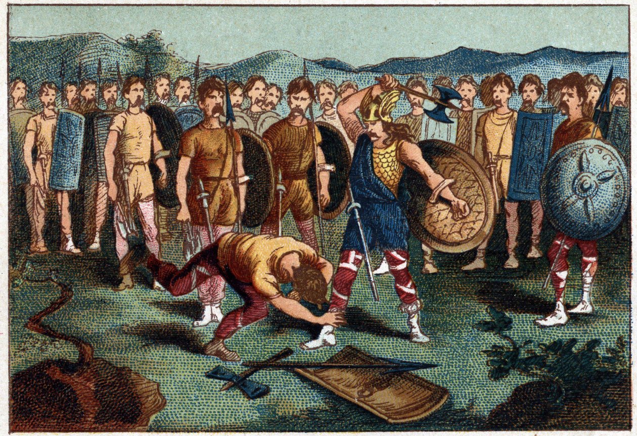 Clovis (465-511) i frankoński wojownik, który rozbił wazę z Soissons w 486 r. - Clovis 1. zestrzelił żołnierza, który rozbił wazę z Soissons, w 486 r. Chromolitografia z XIX wieku. autorstwa Unknown artist