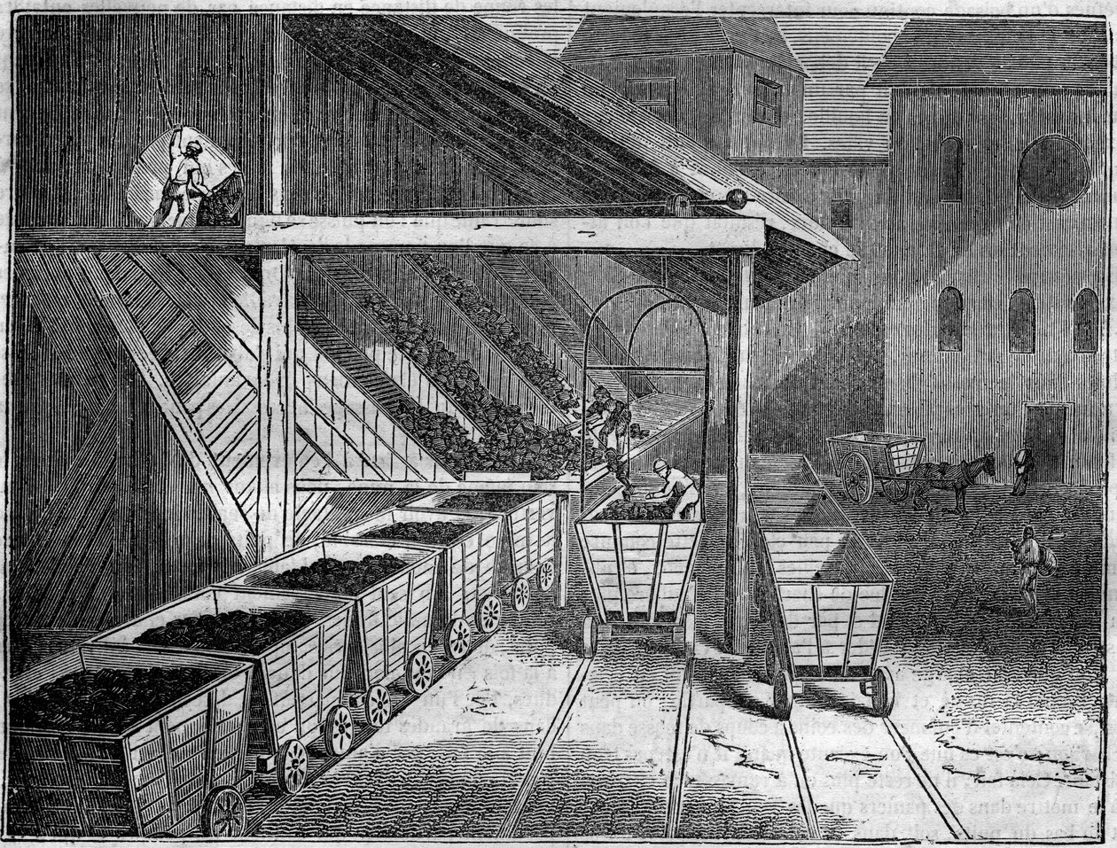 Kopalnia węgla: węgiel wydobywany z kopalni jest ładowany na wagoniki w kierunku odlewni, pociągów i statków. W „”Malowniczym sklepie”” 1835 autorstwa Unknown artist