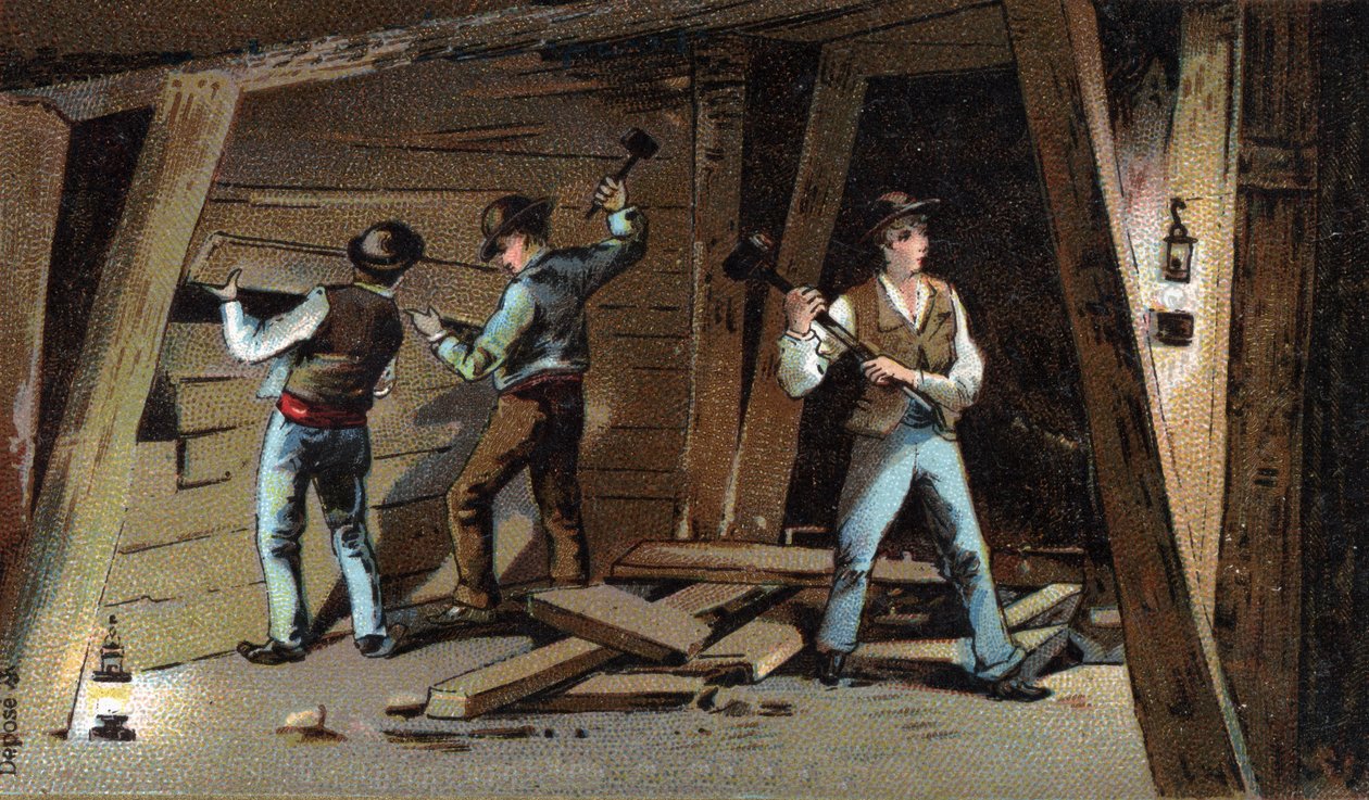 Kopalnia węgla we Francji pod koniec XIX wieku: Galeria drewna. Chromolitografia z końca XIX wieku autorstwa Unknown artist
