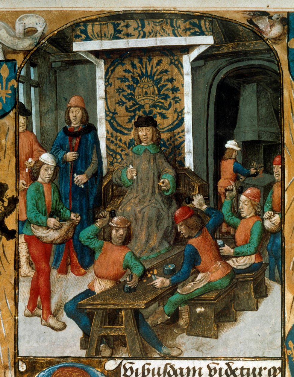 Bicie monet w średniowieczu. Miniatura z projektu waluty (prawdopodobnie De Moneta) autorstwa Nicolasa Oresme (1320-1382). XIV w. B.N. Paryż autorstwa Unknown artist