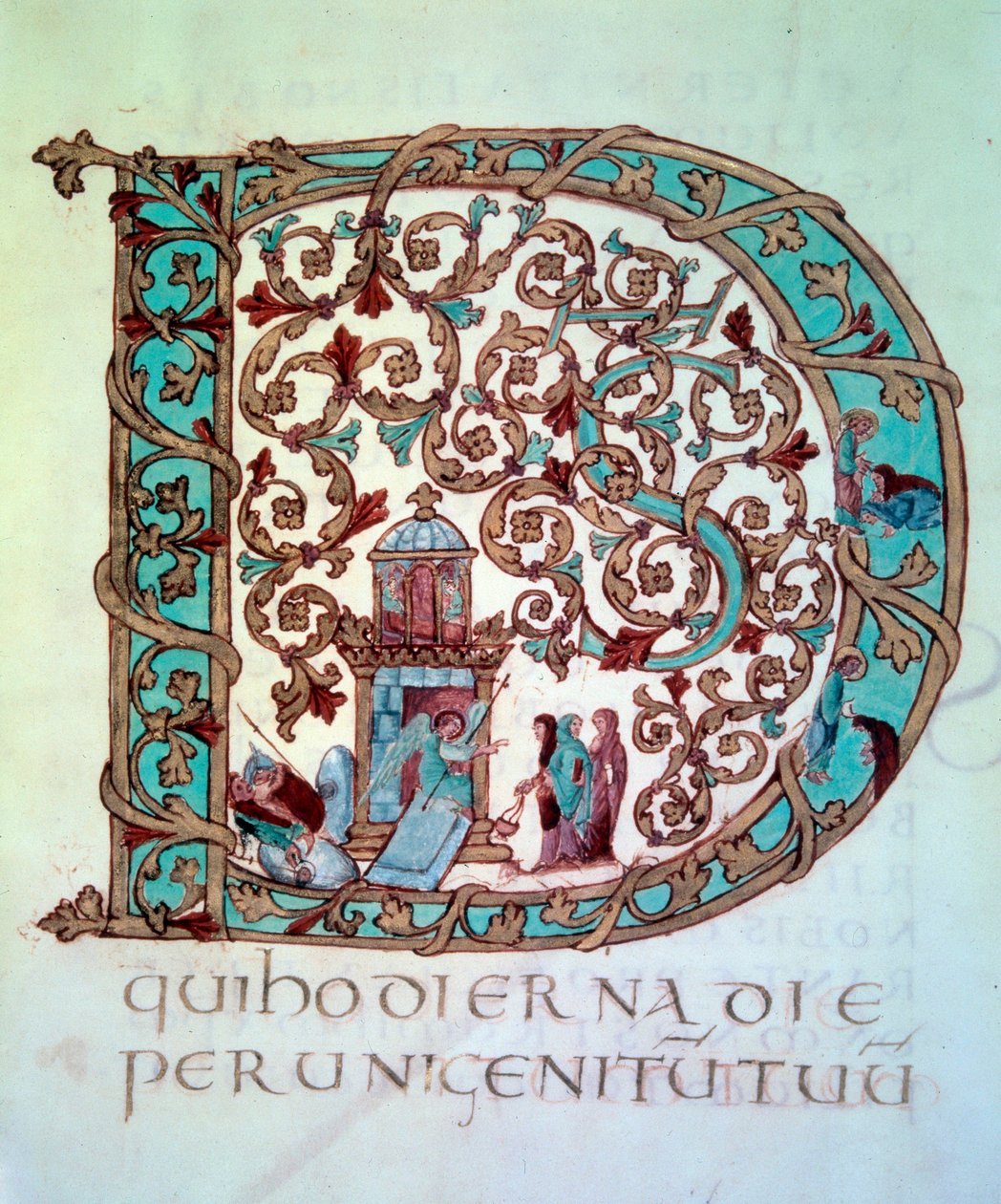 Kolekcja Wielkanocna: duży inicjał (lettryna) ozdobny i historiae (Święte kobiety przy grobie). Miniatura (Folio 58) rękopisu „Sakramentał Drogona” z Tresora katedry w Metzu, 845-855. BN, Paryż. autorstwa Unknown artist