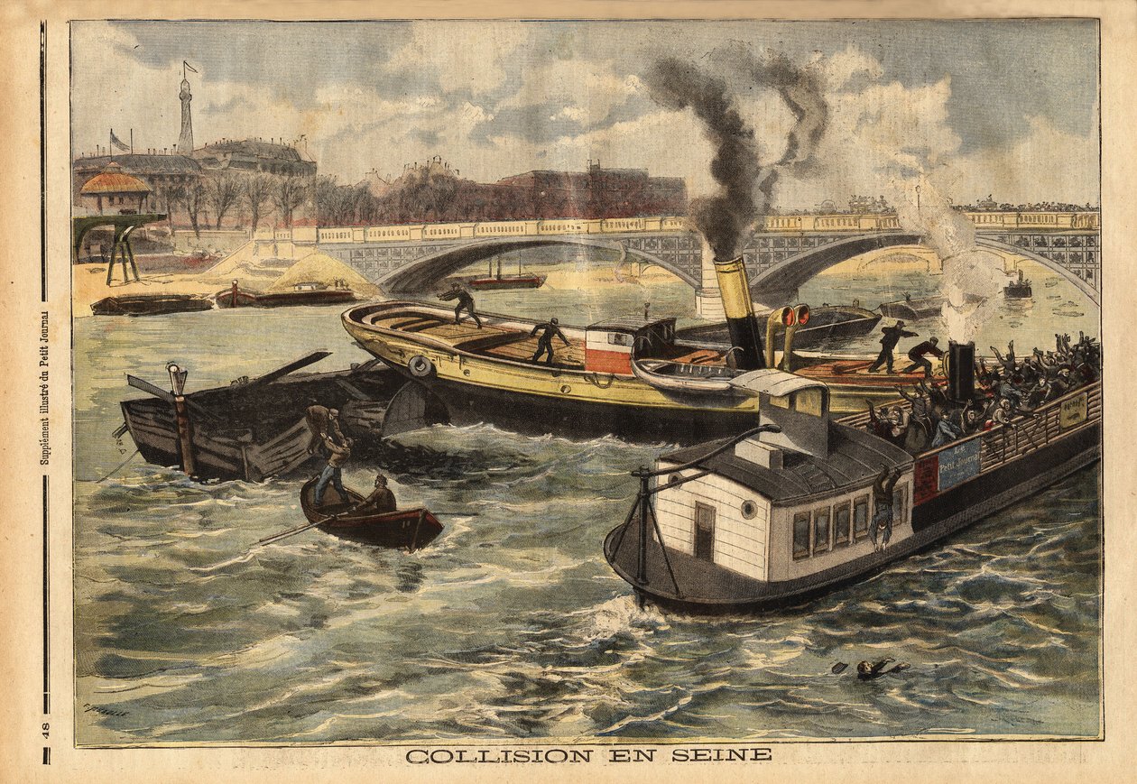 Kolizja na Sekwanie między angielskim parowcem a omnibusem peniche Paryża, na wysokości mostu królewskiego. Grawerowanie w „”Le petit journal”” 7.02.1897. Kolekcja Selva. autorstwa Unknown artist