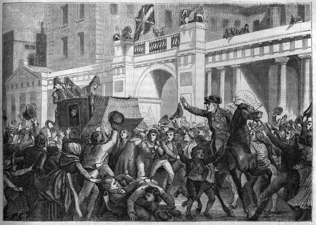 Pułkownik Alexandre Jacques Bernard Law Markiz de Lauriston zostaje triumfalnie przetransportowany przez mieszkańców Londynu w 1801 r. - Alexandre Jacques Bernard Law de Lauriston (1768-1828) francuski generał, ambasador w Londynie, jego powóz ciągną londy autorstwa Unknown artist
