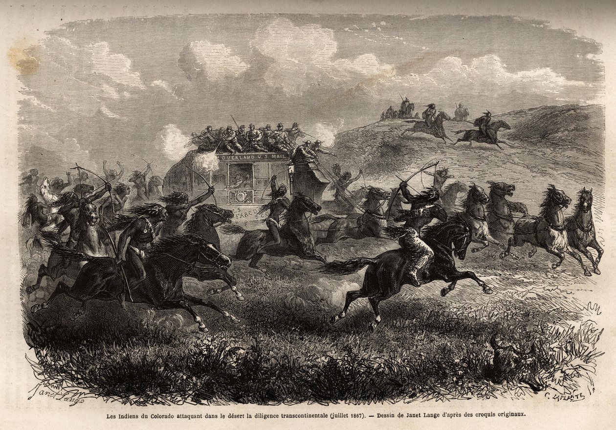 Indianie Kolorado atakujący transkontynentalną pracowitość na pustyni w lipcu 1867 r. Rycina dla ilustracji podróży na amerykański daleki zachód, autorstwa M. L. Simonina, w 1867 r., opublikowana w „Le tour du monde, nouveau journal des voyages” pod redakc autorstwa Unknown artist