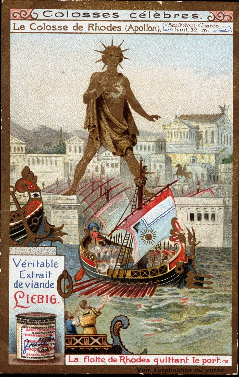 Słynny Kolos: Kolos Rodyjski (Apollo, Helios) (wysokość 32 metry), rzeźbiarz Charles de Lindos (IV wiek p.n.e.); flota Rodos opuszczająca port (Grecja) - chromolitografia Liebiga autorstwa Unknown artist