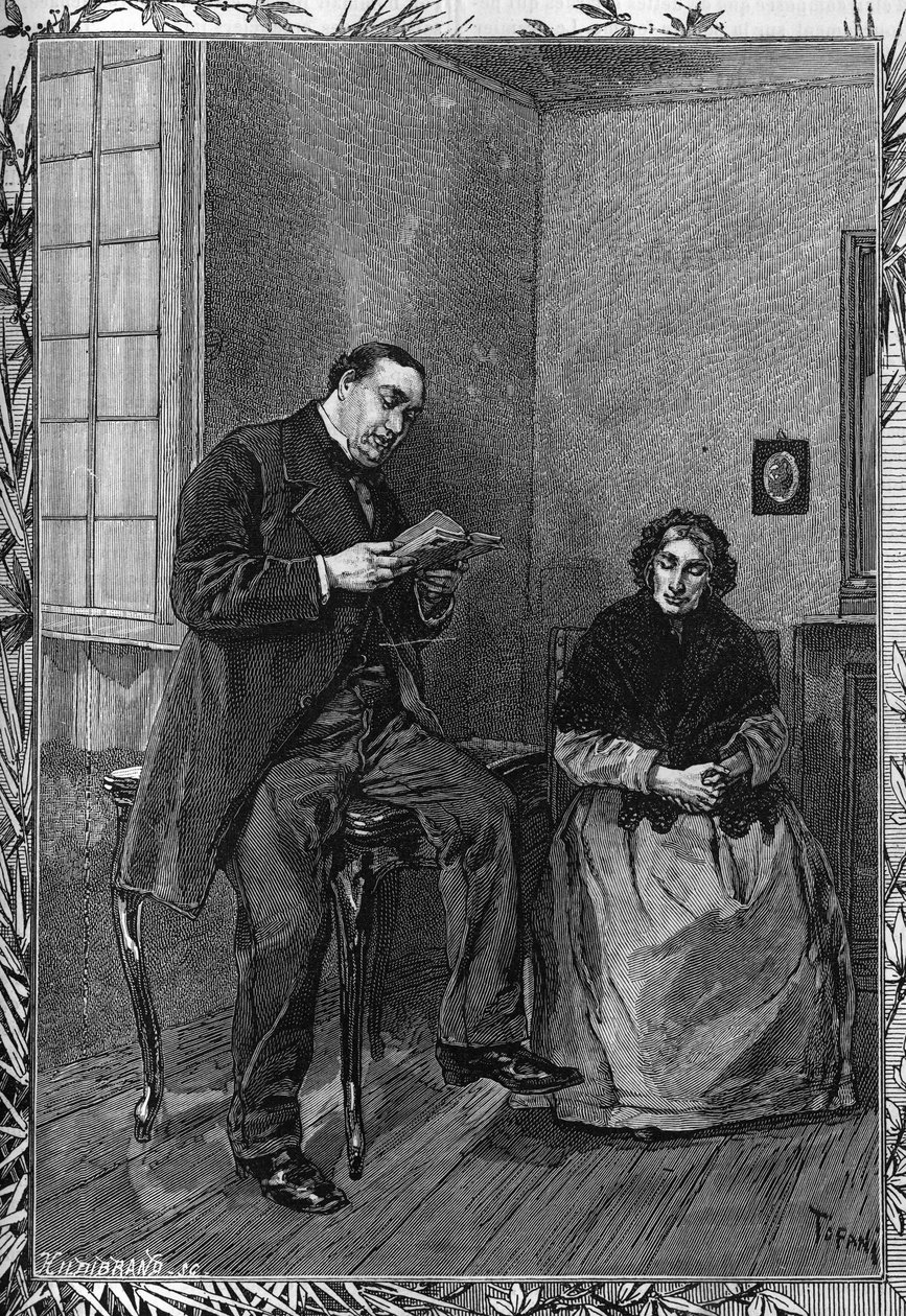 Komik Moessard czyta swoją żonę. Grawerowanie w znakomitym czasopiśmie „”La jeunesse”” autorstwa Unknown artist