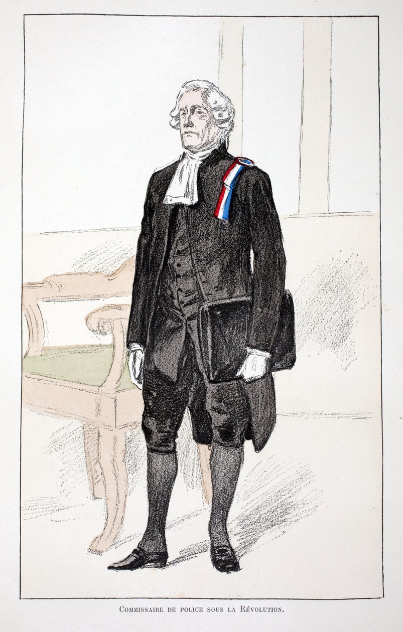 Komisarz policji podczas rewolucji (1789-1799). Akwaforta w kolorach, dla ilustracji „Historia Korpusu Strażników Pokoju””” wydana pod patronatem Louisa Lepine’a (1846-1933) prefekta policji nad Sekwaną, autorstwa Alfreda Reya (18 autorstwa Unknown artist