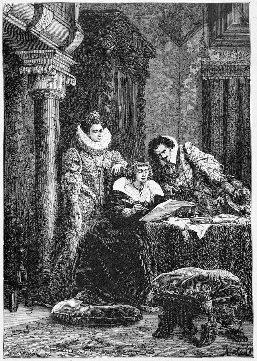 Concini, Leonore Galigai i Marie de Medici. Grawerowanie w „Histoire de France” od najdawniejszych czasów do 1789 r. autorstwa M. Guizot autorstwa Unknown artist