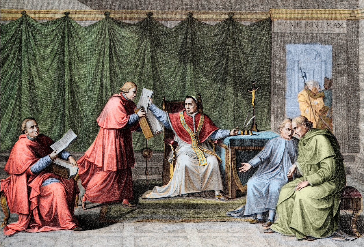 Konkordat z 1801 r. - Podpisanie konkordatu między Francją a Świętym Oblężeniem (Święte Oblężenie) przez papieża Piusa VII (Pius) (1742-1823), 15 sierpnia autorstwa Unknown artist