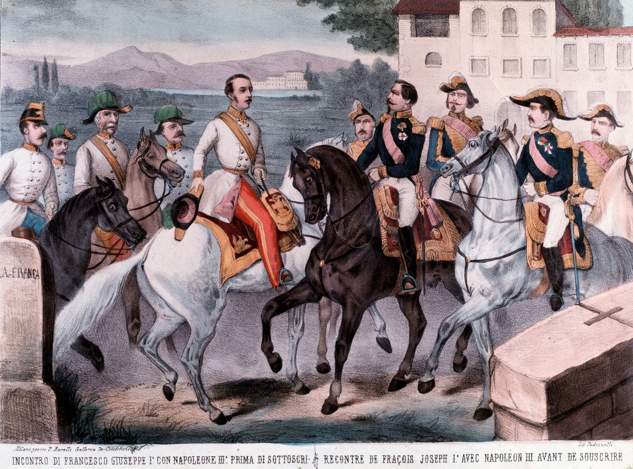 Konferencja Villafranca, spotkanie cesarza Francji Napoleona III i cesarza Franciszka Józefa I w sprawie wstępnego pokoju w Austrii (1859) (rycina) autorstwa Unknown artist