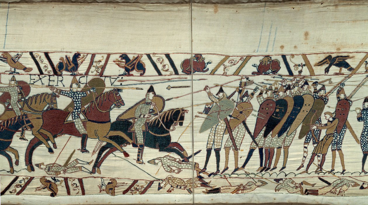 „Podbój Anglii” Williama Zdobywcy (1027-1087) w 1066 r., scena walki pomiędzy kawalerią normańską załadowującą piechotę saską króla Anglii Harolda II Detal gobelinu z Bayeux lub haftu królowej Matyldy autorstwa Unknown artist